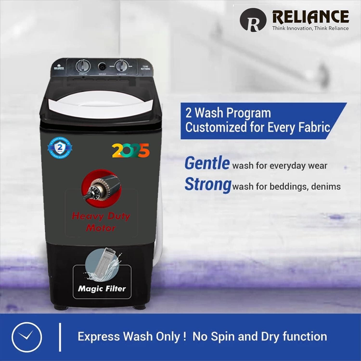 Reliance 7.5 Kg Semi-Automatic Washer (Grey & Black) — image 2