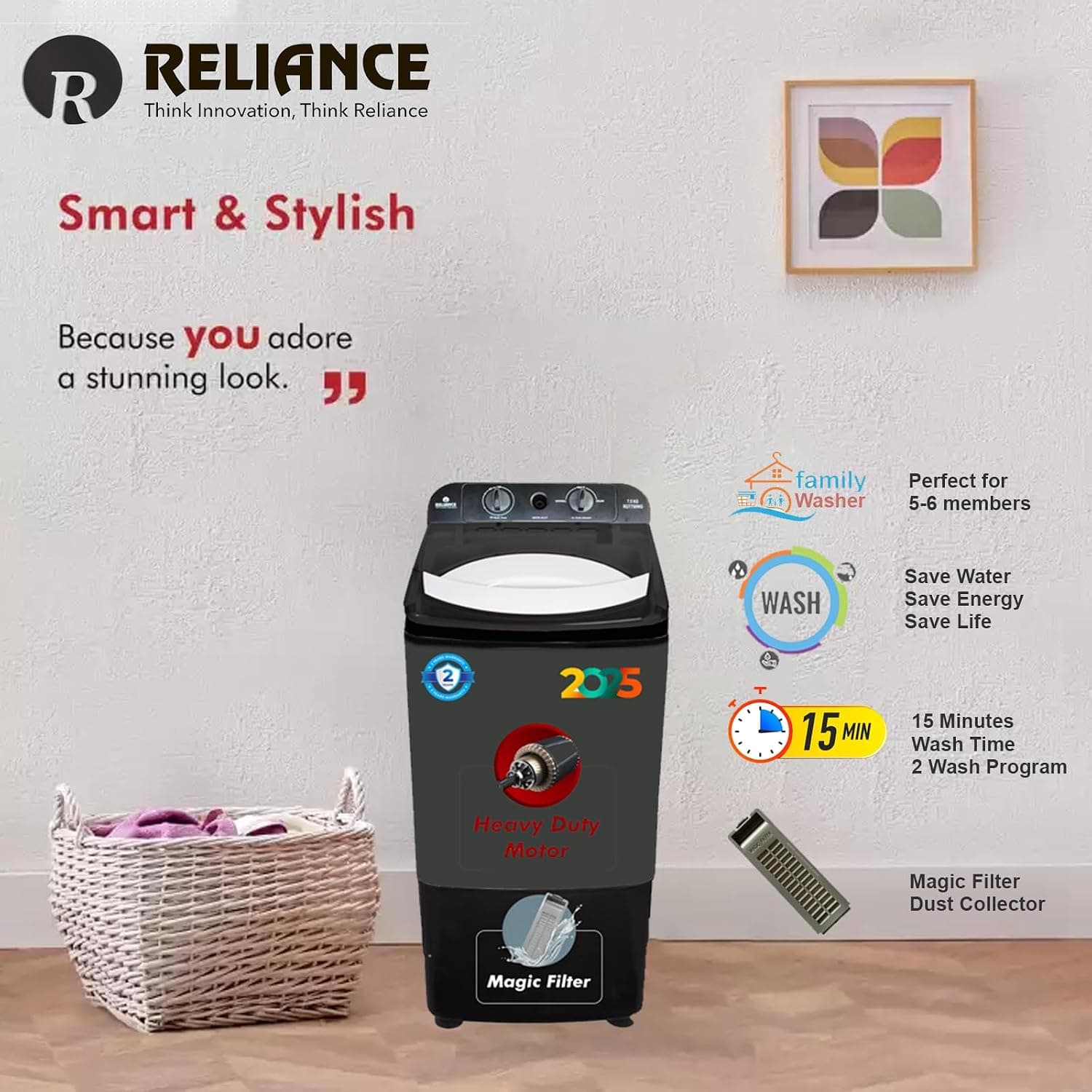 Reliance 7.5 Kg Semi-Automatic Washer (Grey & Black) — image 3